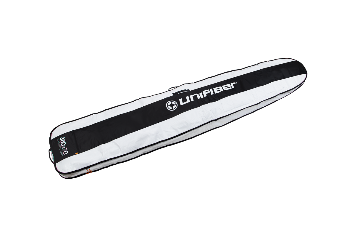 White and black paddle bag with 'uniFiber' branding on a white background
